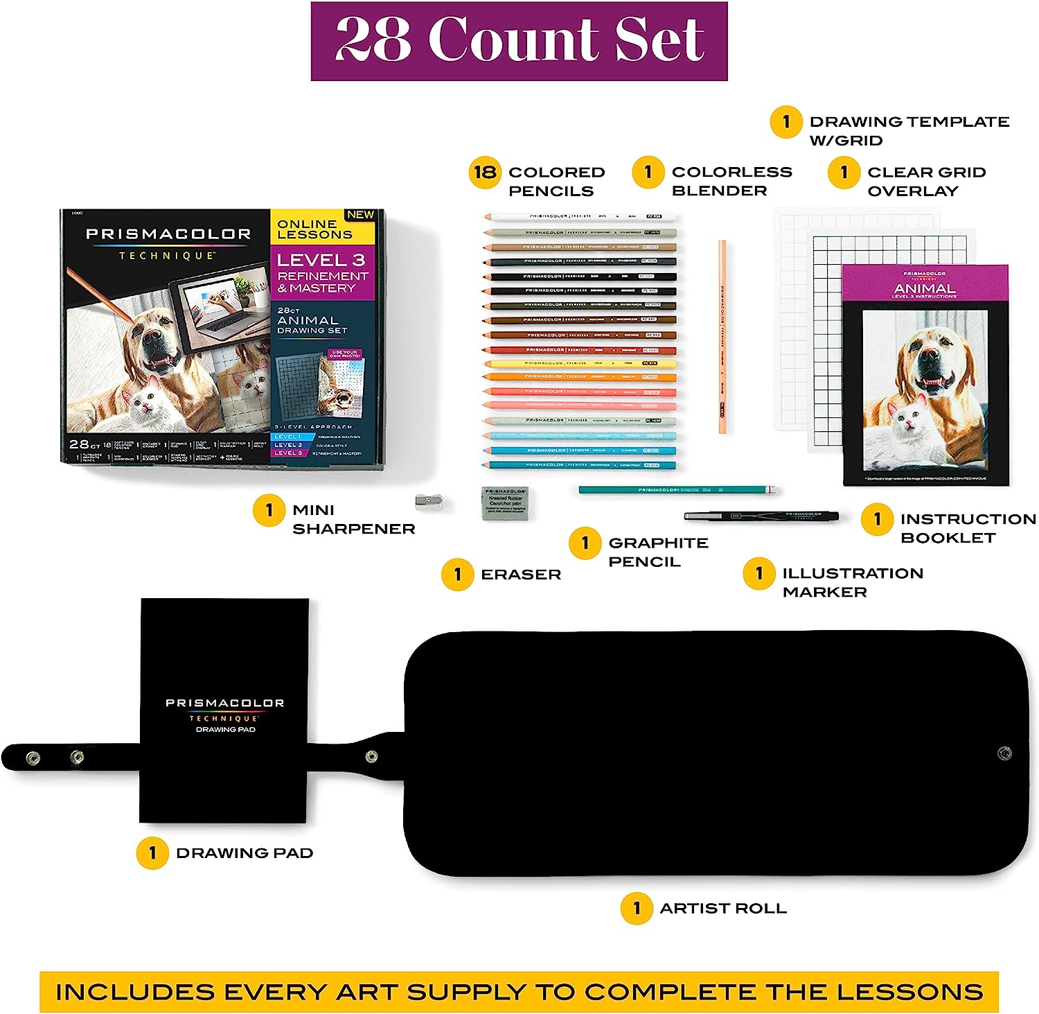 Prismacolor Technique, Art Supplies and Digital Art Lessons, Animal Drawings Set, Level 3, How to Draw Animals with Colored Pencils, and More, Includes Artist Roll Case, Dog, Cat & Pet Lesson, 28 Ct - Image 4